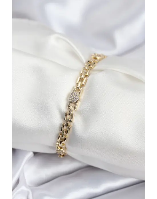 Pirinç VIP Seri Gold Renk Zincir Model Kalpli Zirkon Taşlı Kadın Bileklik