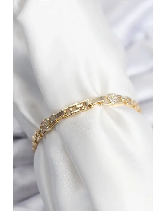 Pirinç VIP Seri Gold Renk Zincir Model Kalpli Zirkon Taşlı Kadın Bileklik