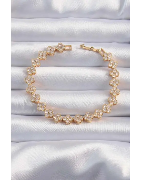 Pirinç Vip Seri Gold Renk Zirkon Taşlı Çiçek Model Bileklik