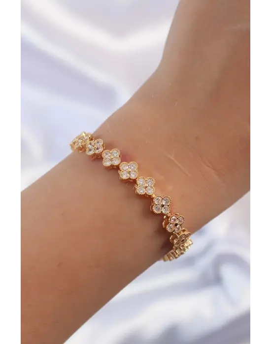 Pirinç Vip Seri Gold Renk Zirkon Taşlı Çiçek Model Bileklik