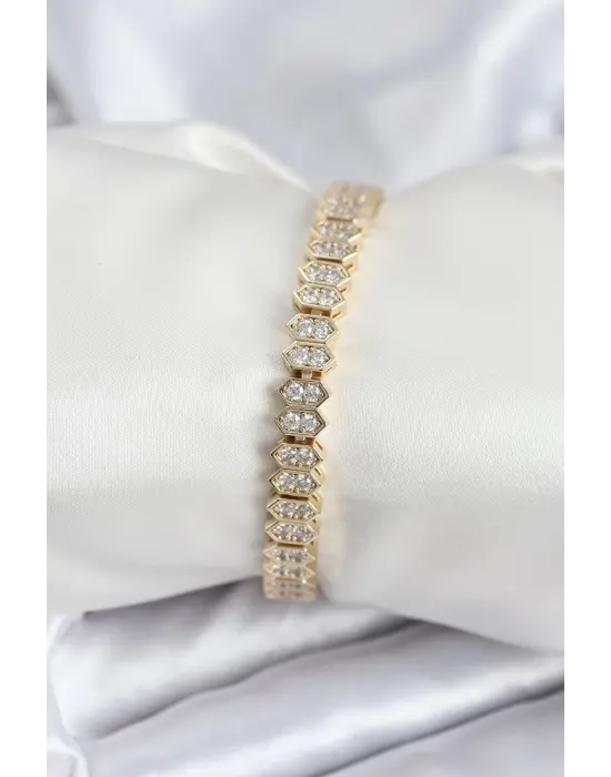 Pirinç VIP Seri Gold Renk Zirkon Taşlı Kadın Bileklik
