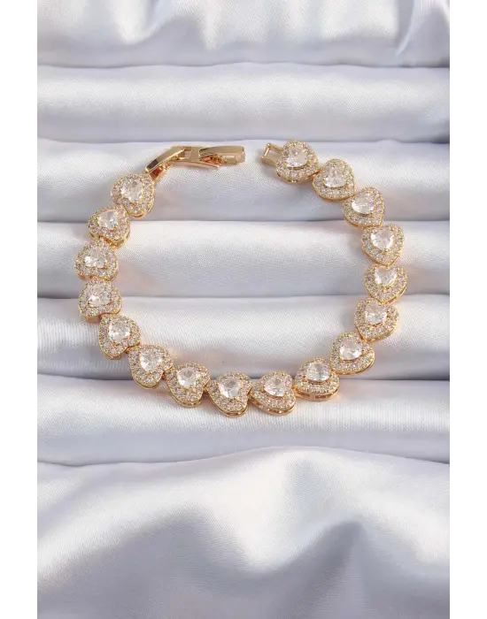 Pirinç Vip Seri Gold Renk Zirkon Taşlı Kalp Model Bileklik