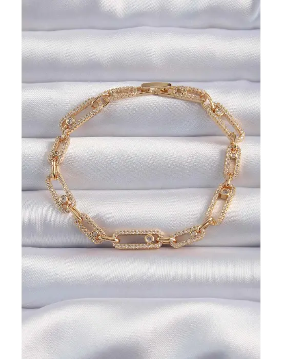 Pirinç Vip Seri Gold Renk Zirkon Taşlı Messika Model Bileklik