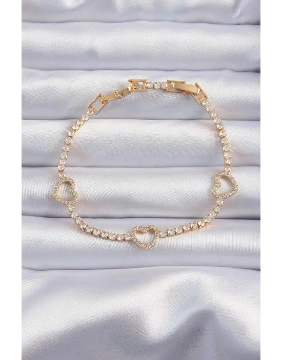 Pirinç Vip Seri Gold Renk Zirkon Taşlı Su Yolu Tasarımlı Kalp Bileklik