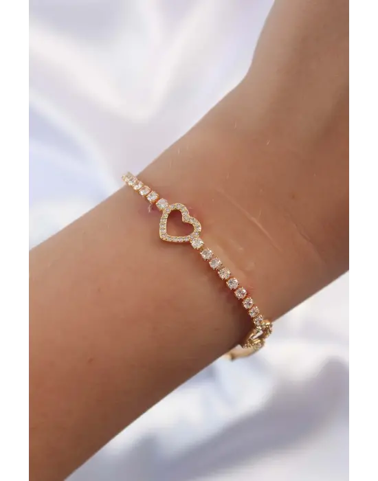 Pirinç Vip Seri Gold Renk Zirkon Taşlı Su Yolu Tasarımlı Kalp Bileklik