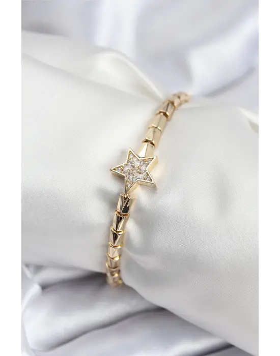 Pirinç VIP Seri Gold Renk Zirkon Taşlı Yıldız Model Kadın Bileklik