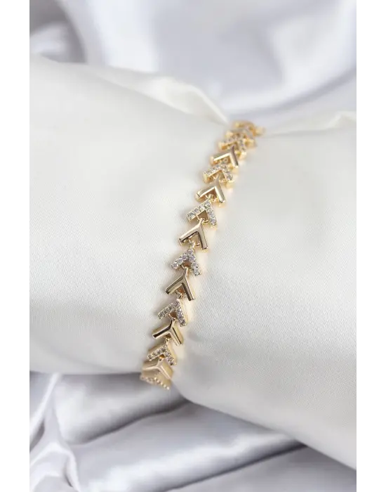 Pirinç VIP Seri Gold Zirkon Taşlı Balık Sırtı Model Kadın Bileklik