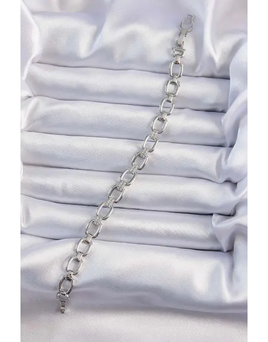 Pirinç Vip Seri Gümüş Renk Zirkon Taşlı Zincir Model Bileklik