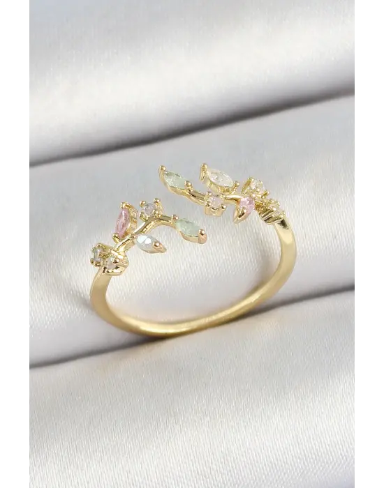 Pirinç Yaprak Figürlü Zirkon Taşlı Gold Renk Ayarlanabilir Kadın Yüzük
