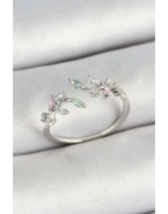 Pirinç Yaprak Figürlü Zirkon Taşlı Gümüş Renk Ayarlanabilir Kadın Yüzük