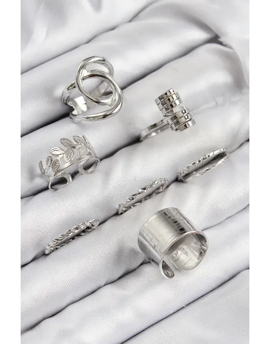 Pirinç Yaprak Model Gümüş Renk Kadın Yüzük Kombin Set