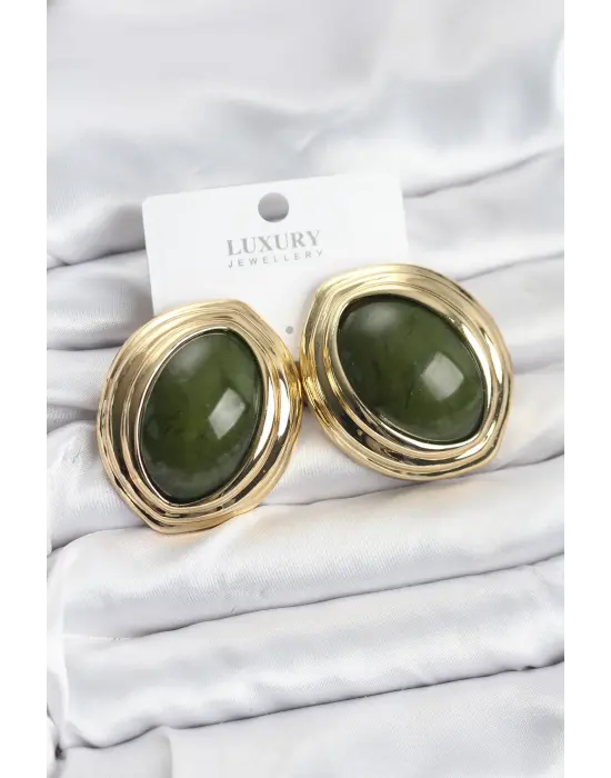 Çelik Yeşil Badem Model Vintage Gold Kadın Küpe