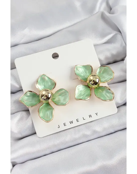 Pirinç Yeşil Çiçek Vintage Model Gold Renk Kadın Küpe