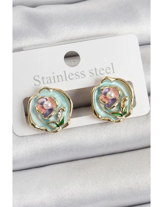 Pirinç Yeşil Mineli Çiçek Figürlü Sanatsal Portre Model Gold Renk Kadın Küpe