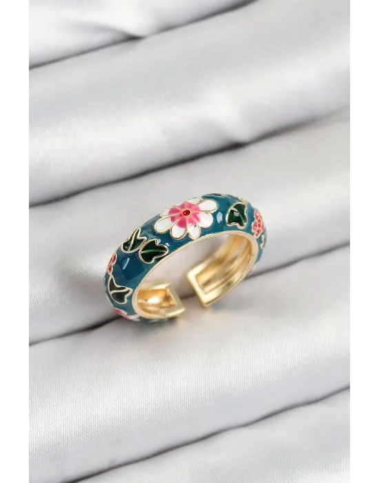Pirinç Yeşil Mineli Çiçek Motifli Gold Renk Ayarlanabilir Kadın Yüzük