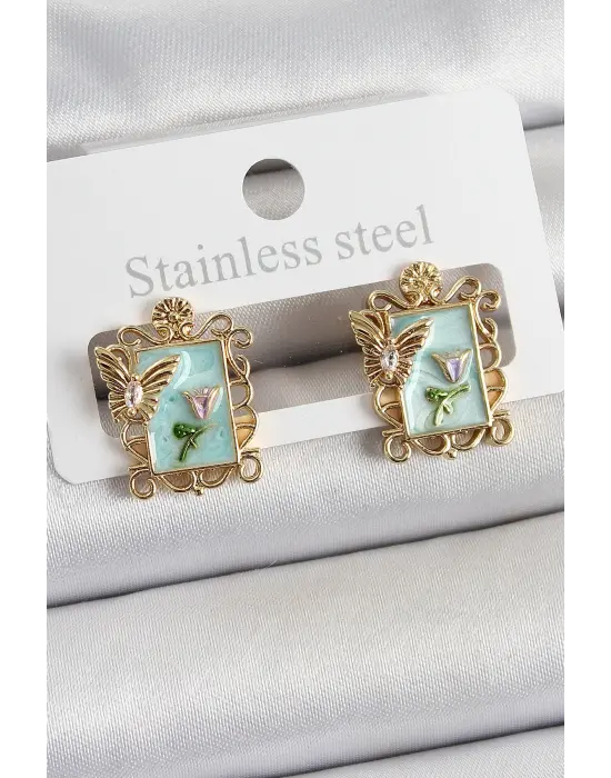 Pirinç Yeşil Mineli Sanatsal Portre Model Gold Renk Kadın Küpe