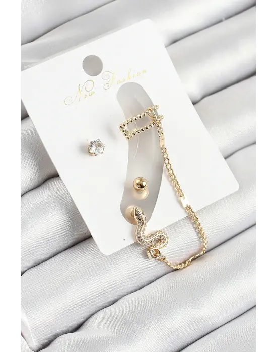 Pirinç Yılan Figürlü Zirkon Taşlı Gold Renk 3lü Kıkırdak Kadın Küpe Set