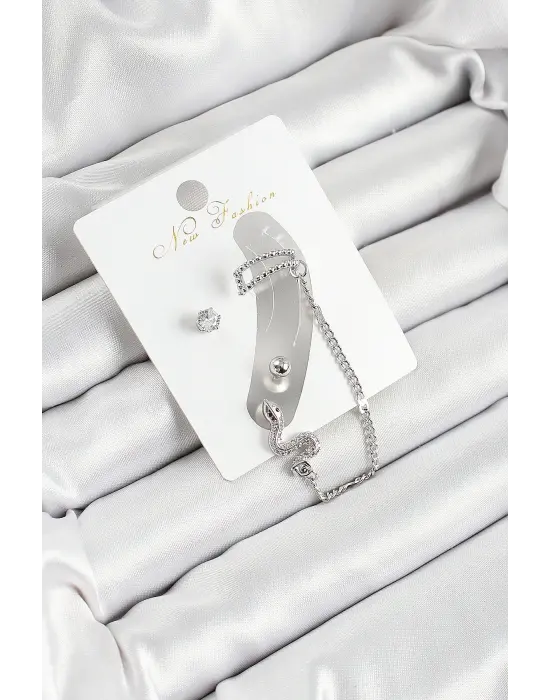 Pirinç Yılan Figürlü Zirkon Taşlı Gümüş Renk 3lü Kıkırdak Kadın Küpe Set