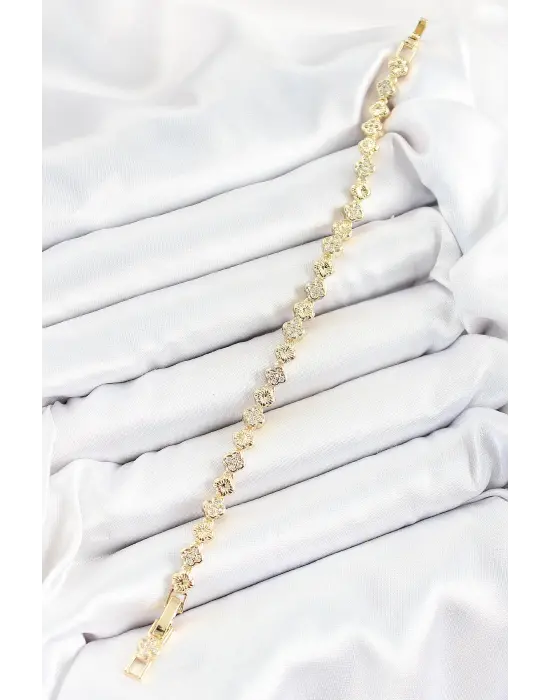 Pirinç Yonca Model Zirkon Taşlı Gold Renk VİP Seri Kadın Bileklik