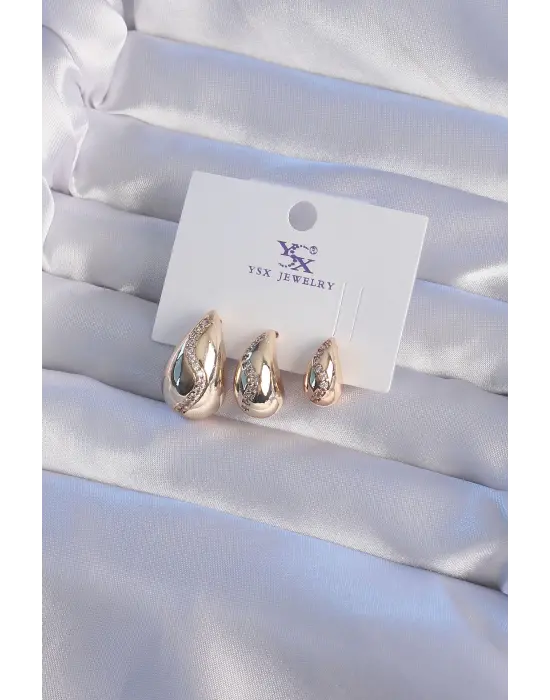  YSX Altın Zirkon Taşlı Su Damlası Küpe Seti