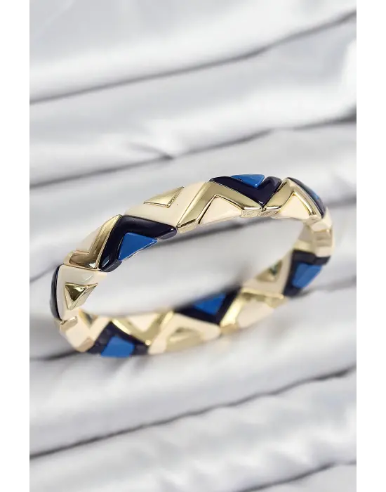 Pirinç Zikzak Desenli Lacivert Krem Siyah Gold Renk Lastikli Kadın Bileklik