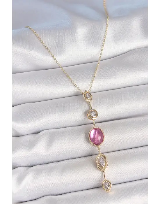Pirinç Zincir Gold Renk Pembe Zirkon Taşlı Y Kolye