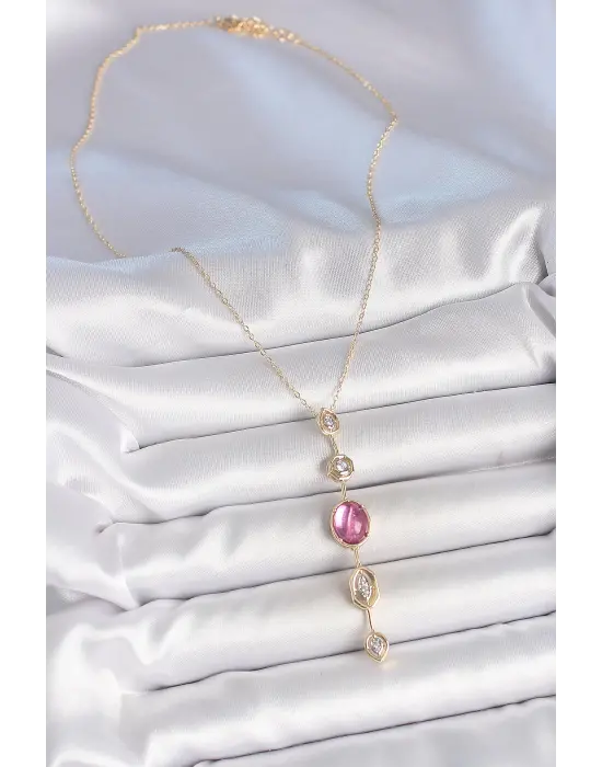 Pirinç Zincir Gold Renk Pembe Zirkon Taşlı Y Kolye