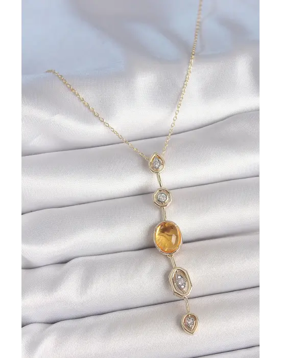 Pirinç Zincir Kehribar Sarı Gold Renk  Zirkon Taşlı Y Kolye