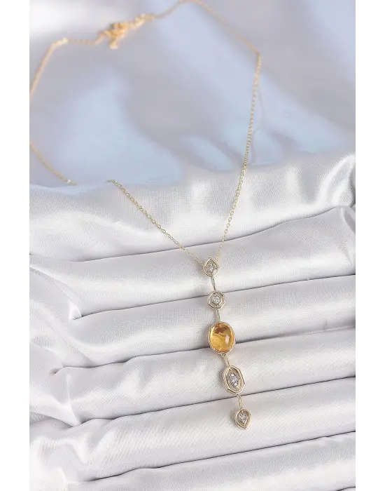 Pirinç Zincir Kehribar Sarı Gold Renk  Zirkon Taşlı Y Kolye