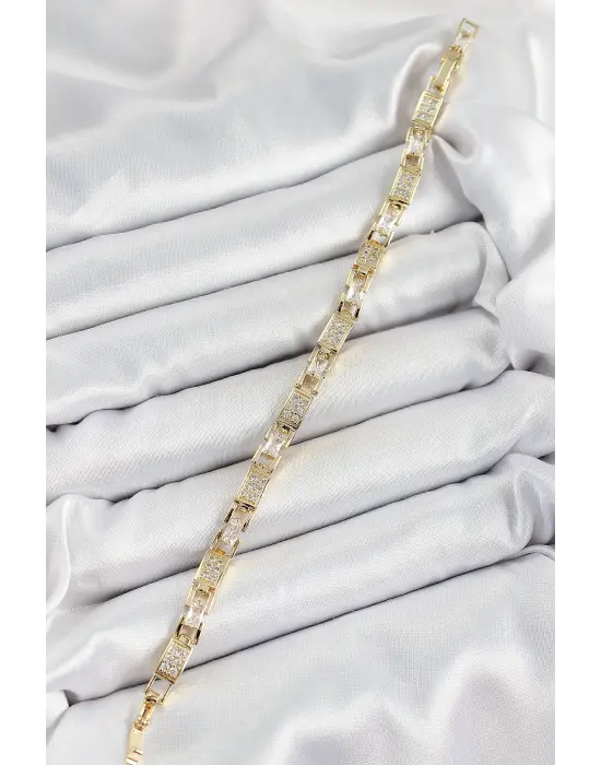 Pirinç Zincir Model Zirkon Taşlı Gold Renk VİP Seri Kadın Bileklik