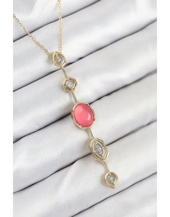 Pirinç Zincir Pembe Gold Renk Zirkon Taşlı Y Kolye