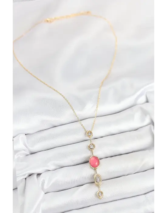 Pirinç Zincir Pembe Gold Renk Zirkon Taşlı Y Kolye