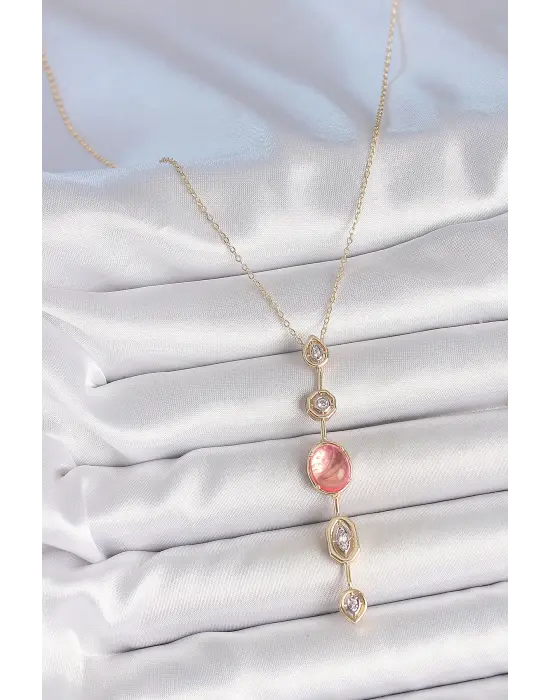 Pirinç Zincir Pembe Gold Renk Zirkon Taşlı Y Kolye