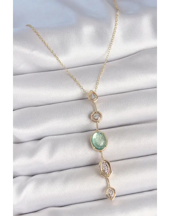 Pirinç Zincir Su Yeşili Gold Renk Zirkon Taşlı Y Kolye