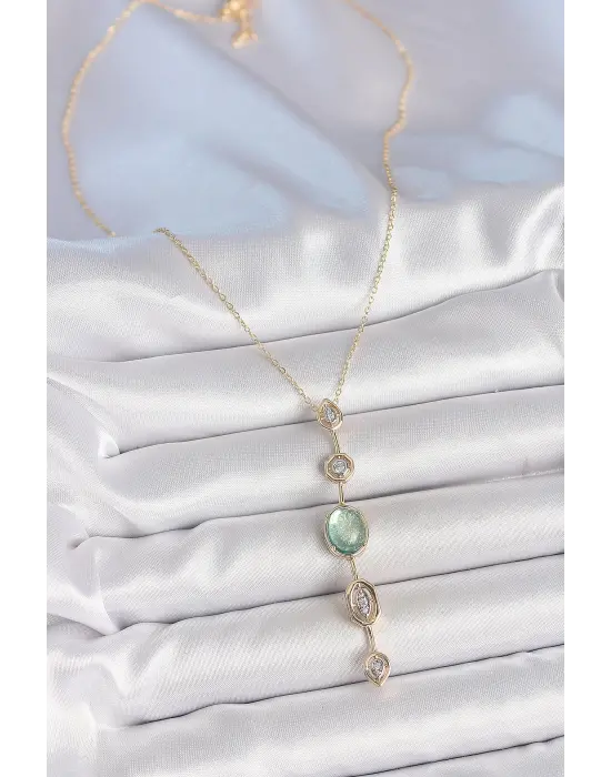 Pirinç Zincir Su Yeşili Gold Renk Zirkon Taşlı Y Kolye
