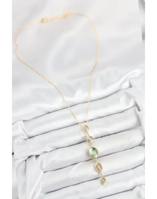 Pirinç Zincir Yeşil Gold Renk Zirkon Taşlı Y Kolye