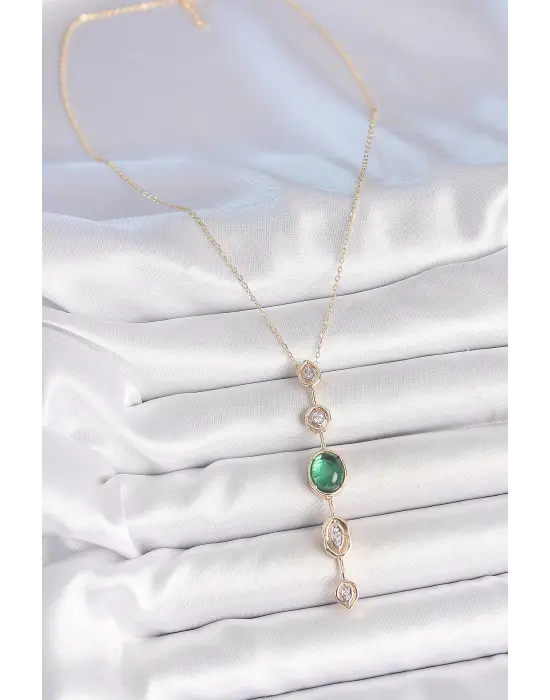 Pirinç Zincir Zümrüt Yeşil Gold Renk Zirkon Taşlı Y Kolye