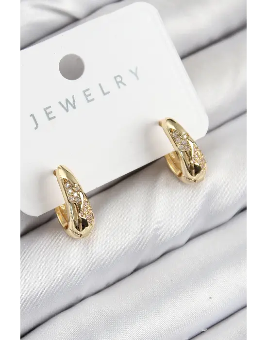 Pirinç Zirkon Taş Desenli Model Gold Renk Kadın Küpe