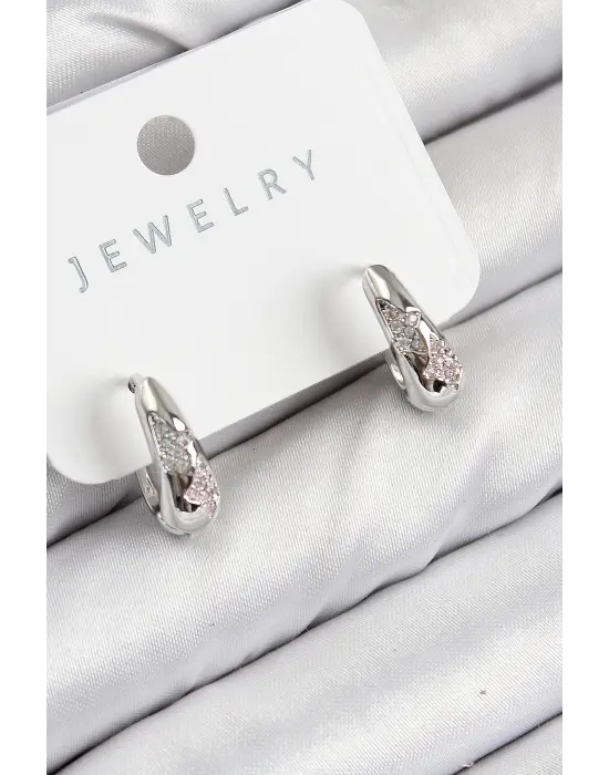 Pirinç Zirkon Taş Desenli Model Gümüş Renk Kadın Küpe