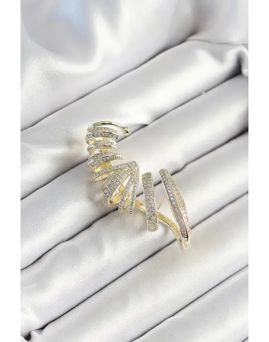 Çelik Zirkon Taş Kaplamalı Sarmal Figürlü Gold Renk Kadın Sağ Kıkırdak Küpe