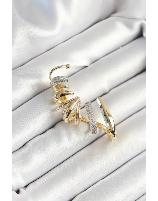 Çelik Zirkon Taş Kaplamalı Sarmal Figürlü Gold Renk Kadın Sağ Kıkırdak Küpe