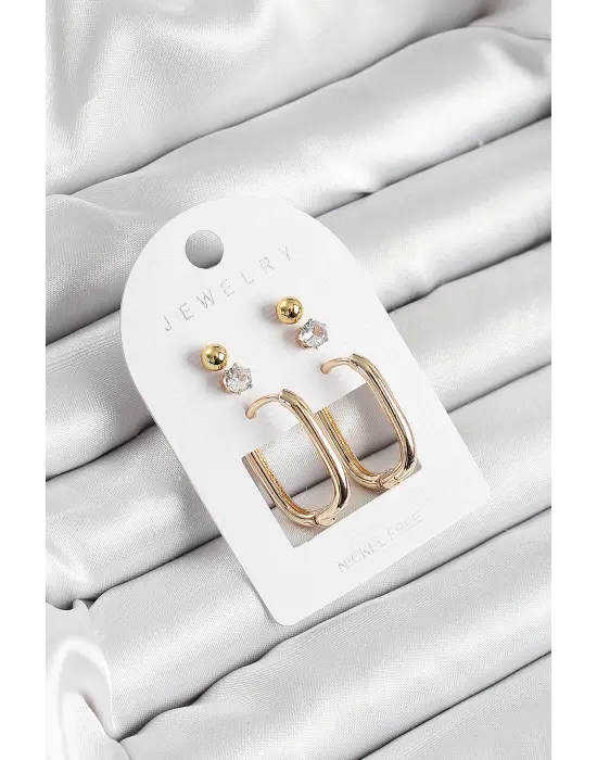 Pirinç Zirkon Taş Ve Dikdörtgen Figürlü Gold Renk 3lü Çift Kadın Küpe Set