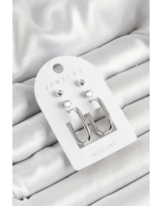 Pirinç Zirkon Taş Ve Dikdörtgen Figürlü Gümüş Renk 3lü Çift Kadın Küpe Set