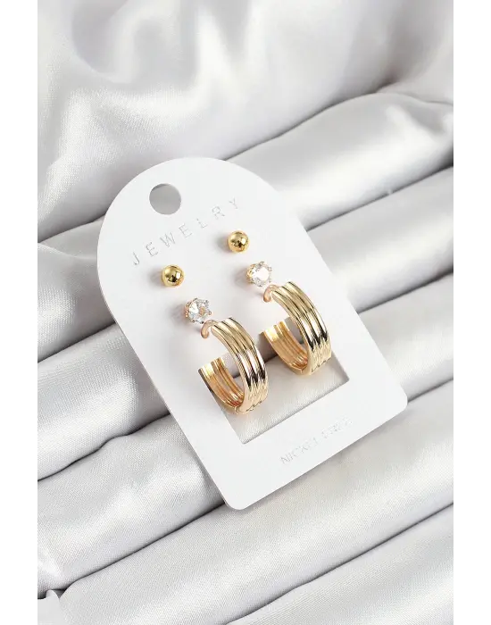 Pirinç Zirkon Taş Ve Halka Figürlü Gold Renk 3lü Çift Kadın Küpe Set