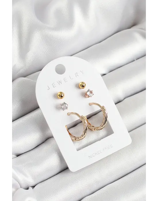 Pirinç Zirkon Taş Ve Halka Figürlü Gold Renk 3lü Çift Kadın Küpe Set