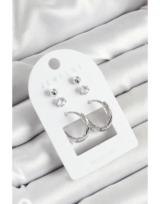 Pirinç Zirkon Taş Ve Halka Figürlü Gümüş Renk 3lü Çift Kadın Küpe Set