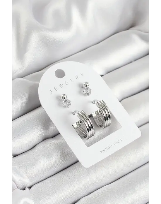 Pirinç Zirkon Taş Ve Halka Figürlü Gümüş Renk 3lü Çift Kadın Küpe Set