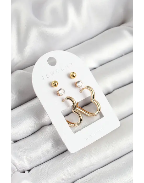 Pirinç Zirkon Taş Ve Kalp Figürlü Gold Renk 3lü Çift Kadın Küpe Set