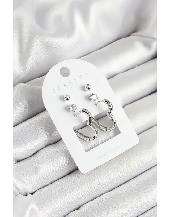 Pirinç Zirkon Taş Ve Kalp Figürlü Gümüş Renk 3lü Çift Kadın Küpe Set