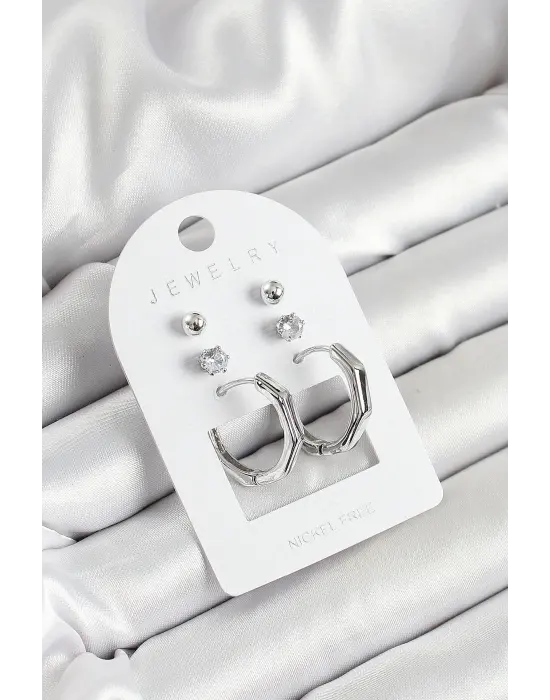 Pirinç Zirkon Taş Ve Kemik Halka Figürlü Gümüş Renk 3lü Çift Kadın Küpe Set